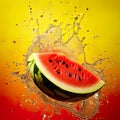 refreshing watermelon slice against a water-themed advertising background. Royalty Free Stock Photo