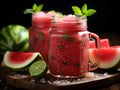 refreshing watermelon smoothie in a glass jar, garnished with fresh mint leaves and a slice of watermelon Royalty Free Stock Photo