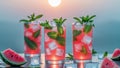 Refreshing Watermelon Symphony Chill Summer Drinks with Mint and Ice on sunrise light blue background Royalty Free Stock Photo