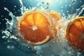 Refreshing Whole splashed oranges cinematic. Generate ai