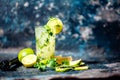 Refreshment cocktail with lime and ice. Mojito drink served at bar, pub or restaurant Royalty Free Stock Photo