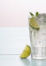 Refreshment cocktail with lime, mint and ice cubes