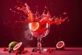 Refreshment fruit cocktail with grapefruit, orange, lemon, blueberry, cherry and raspberry splashes on red background, an