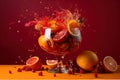 Refreshment fruit cocktail with grapefruit, orange, lemon, pomegranate and raspberry splashes on red background, an explosion of Royalty Free Stock Photo