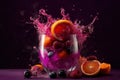 Refreshment fruit cocktail with orange, blueberry, raspberry and lemon splashes on purple background, an explosion of taste from