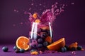 Refreshment fruit cocktail with orange, blueberry, raspberry and plum splashes on purple background, an explosion of taste from Royalty Free Stock Photo