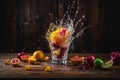 Refreshment fruit cocktail with orange, lemon, apples and mango splashes on wooden background, an explosion of taste from Royalty Free Stock Photo