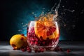 Refreshment fruit cocktail with orange, lemon, grapefruit and pomegranate splashes on black background, an explosion of taste from Royalty Free Stock Photo