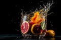 Refreshment fruit cocktail with orange, lemon, lime and grapefruit splashes on black background, an explosion of taste from Royalty Free Stock Photo