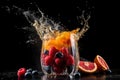 Refreshment fruit cocktail with orange, raspberry, blueberry and grapefruit splashes on black background, an explosion of taste Royalty Free Stock Photo