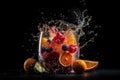 Refreshment fruit cocktail with orange, raspberry, blueberry, lime and lemon splashes on black background, an explosion of taste Royalty Free Stock Photo