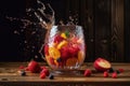 Refreshment fruit cocktail with strawberries, blueberries, raspberries and peaches splashes on wooden background, an explosion of