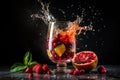 Refreshment fruit cocktail with strawberry, grapefruit, pomegranate, mango and mint splashes on black background, an explosion of Royalty Free Stock Photo