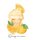 Refreshment homemade orange ice cream waffle cone with fruits composition watercolour illustration vector banner isolated on white