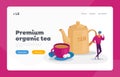 Refreshment and Hospitality Landing Page Template. Tiny Man Stand at Huge Cup with Saucer, Spoon and Cane Sugar Cubes