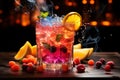 Refreshment multicolor fruit cocktail with ice, lemon and mint in a bar, night club party with soft drinks, AI Generated Royalty Free Stock Photo