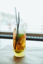 Refreshment Summer drink. Traditional lemonade with lemon mint and ice on table.Soft drinks, healthy beverage. Royalty Free Stock Photo