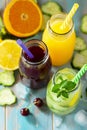 Refreshments drinks. Cherry juice, detox cucumber water and orange juice