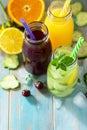 Refreshments drinks. Cherry juice, detox cucumber water and orange juice