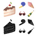 Refreshments and other accessories at the party.Party and partits set collection icons in cartoon,black style vector