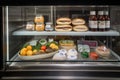 refrigerated holding cabinet with product and ingredient to prepare sandwich