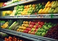 Refrigerated shelf with various ripe fresh organic fruits in supermarket.Macro.AI Generative