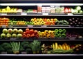 Refrigerated shelf with various ripe fresh organic fruits in supermarket.Macro.AI Generative Royalty Free Stock Photo