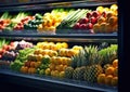 Refrigerated shelf with various ripe fresh organic fruits in supermarket.Macro.AI Generative