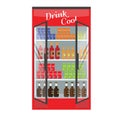 Refrigerated supermarket display case full with multiple drinks and beverages. Illustrated vector for your Mockup design