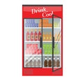 Refrigerated supermarket display case full with multiple drinks and beverages. Illustrated vector for your Mockup design