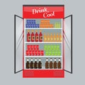 Refrigerated supermarket display case full with multiple drinks and beverages. Illustrated vector for your Mockup design