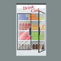 Refrigerated supermarket display case full with multiple drinks and beverages. Illustrated vector for your Mockup design