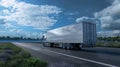 a refrigerated trailer in motion, designed with meticulous attention to detail, as it commands the road with remarkable