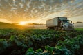 Refrigerated truck parked on a farm at sunrise, delivering fresh produce Royalty Free Stock Photo
