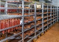 Refrigerated warehouse for storing meat and sausage products Royalty Free Stock Photo