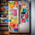 Refrigerator Covered in Sticky Notes and Magnets. Generative AI.