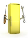 Refrigerator with arms and tools on hands Royalty Free Stock Photo
