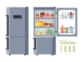 Refrigerator door closed and opened concept. Fridge closed and opened with food vector illustration. Royalty Free Stock Photo