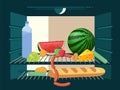 Refrigerator filled with food, view from inside. Vector illustration