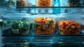 A refrigerator filled with several containers of food and vegetables, AI