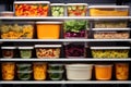 a refrigerator filled with stacked food containers of leftovers