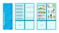 Refrigerator with food. Fridge full food. Open, empty and closed refrigerator, flat vector image. Keep food fresh Royalty Free Stock Photo