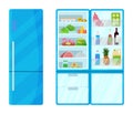Refrigerator with food. Fridge full food. Open and closed refrigerator, flat vector image. Keep food fresh vegetables Royalty Free Stock Photo
