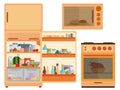 Refrigerator with food, oven, microwave