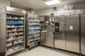 refrigerator and freezer in medical facility, with equipment and supplies for surgeries on display