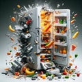 A refrigerator with freezing food exploding, abstract explosion concept