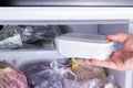 Refrigerator with frozen food meat, milk, vegetables Royalty Free Stock Photo