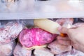 Refrigerator with frozen food meat, milk, vegetables. Royalty Free Stock Photo