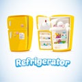 Refrigerator with Full Of Food. Closed and Opened.cute and cartoon style. cool ice typographic design. kitchen concept - Vector Royalty Free Stock Photo