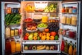 Refrigerator full of healthy food, fruit and vegetables, horizontal, An opened fridge full of fresh fruits and vegetables, AI